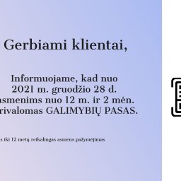 Šilalės sporto ir laisvalaikio centras, vykdydamas LR Vyriausybės nutarimą, nuo 2021 m. gruodžio 28 d. paslaugas privalo teikti tik asmenims, turintiems galiojantį Galimybių pasą.